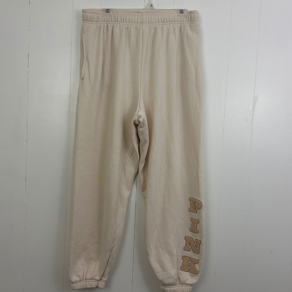 Victoria's Secret PINK Cream Fleece Joggers Chenille Logo Sweatpants Large - Picture 1 of 11
